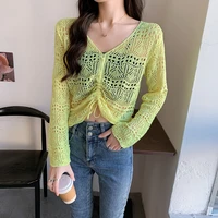 2021 women crocheted crop tops sweaters pullovers female all match draw string pullover solid full sleeve leisure tops for women