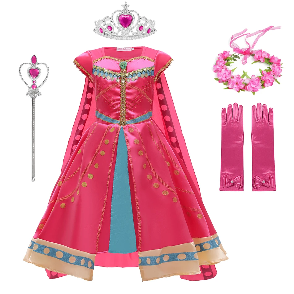 

Aladdin Princess Jasmine Cosplay Dress for Girl Halloween Party Costume Christmas Rose Pink Dresses with Cloak Cape
