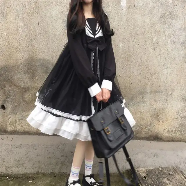 

MAGOGO Navy Collar Bow Dress Long Niche Lolita Dress
