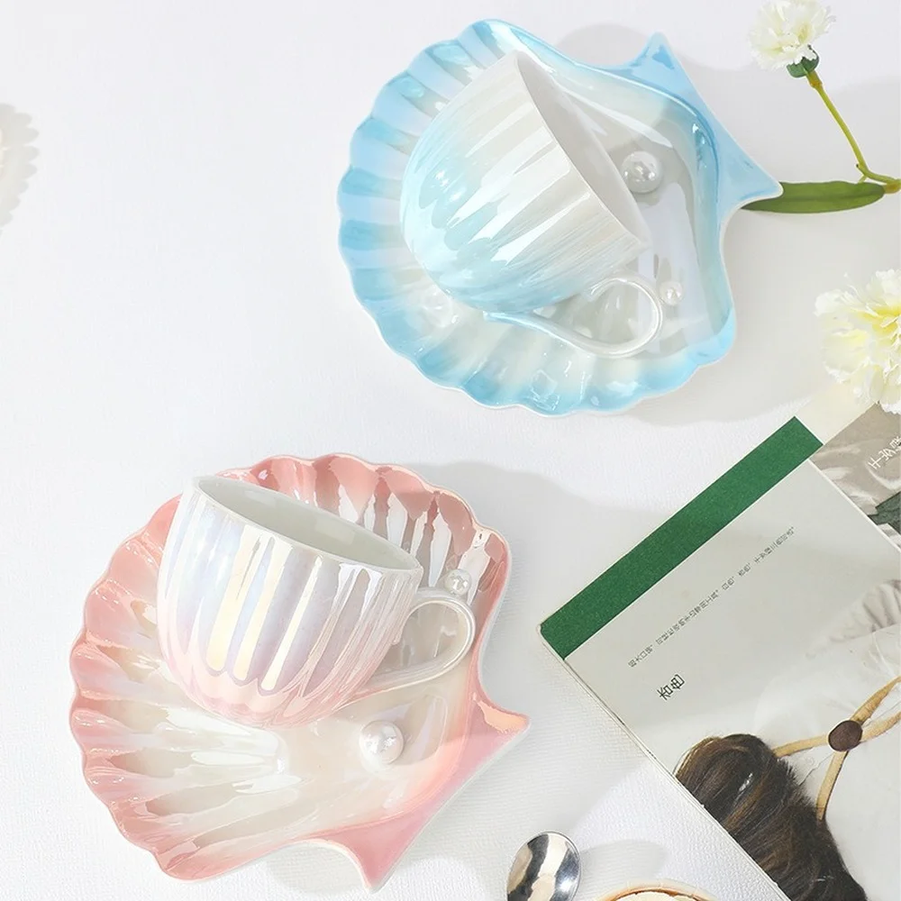 

Simple Mug Creative Pearl Shell Ceramic Coffee Cup Home Teacup Saucer Set