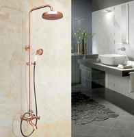 antique red copper brass dual cross handles bathroom 8 inch round rain shower faucet set tub mixer tap hand shower mrg515