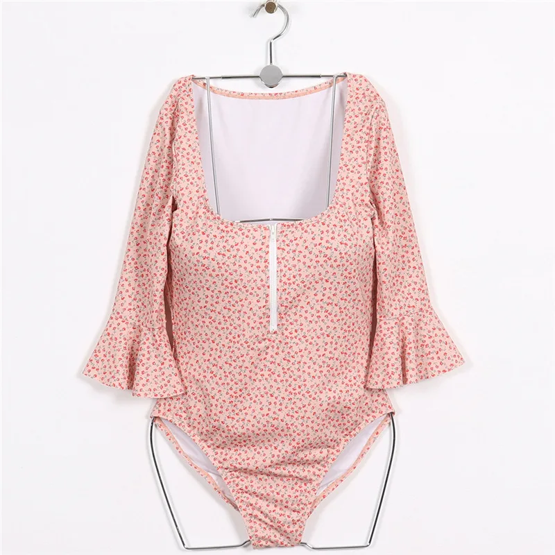 

2021 Summer New Sweet Floral Slim Fit Trumpet Sleeve Conservative Zipper One-Piece Swimsuit Women
