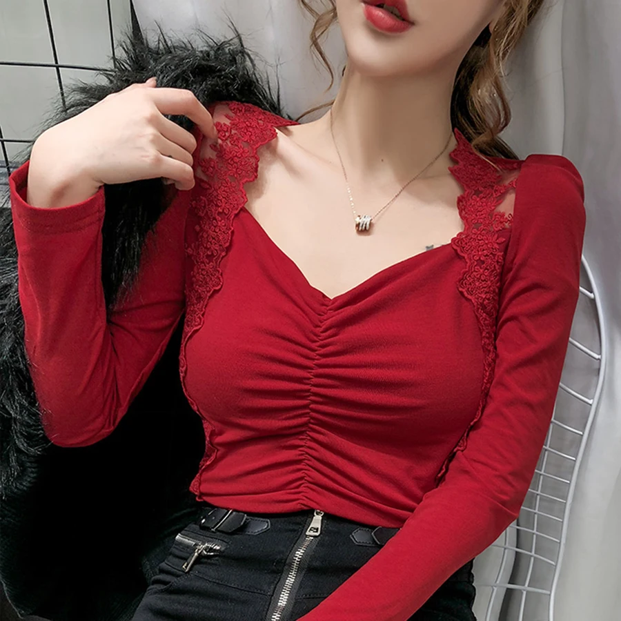 Женская блузка 2020 Весенняя Сексуальная кружевная с v-образным вырезом