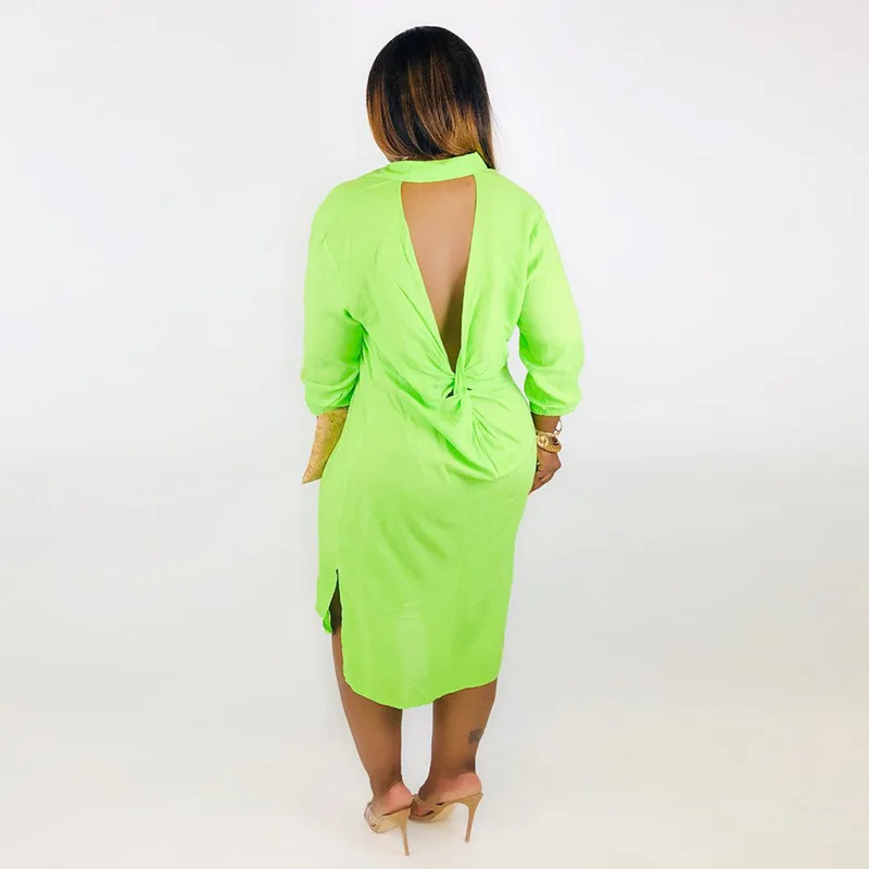 Summer Women's Solid Color Sexy Long Sleeve Lapel Casual Buttoned Open Back Split Front Short Maxi Green Dress | Женская одежда