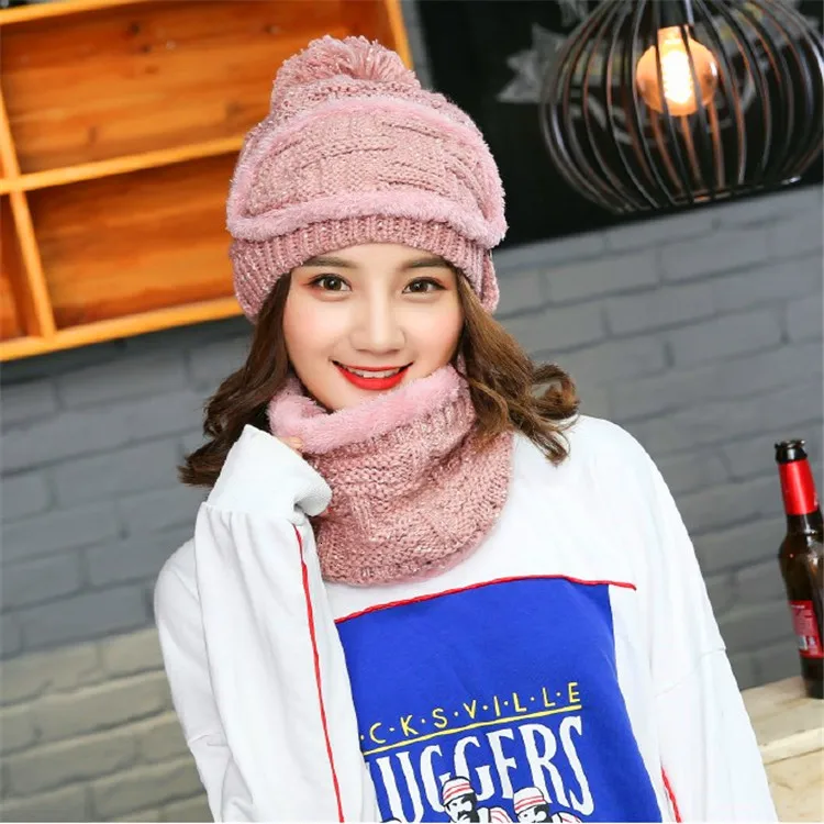 Женская зимняя шапка шарф вязаный толстый маска набор для катания на лыжах