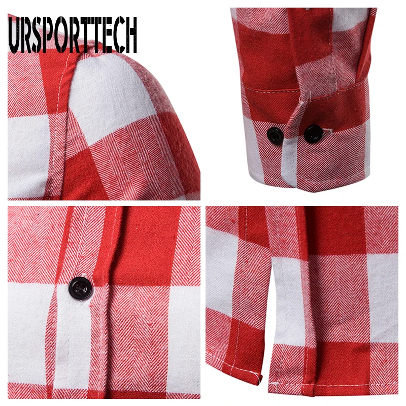 URSPORTTECH Red Black Plaid Shirt Men Spring Autumn Men's Brand Casual Long-sleeved Shirt Slim Fit Soft Comfortable Men's Shirts