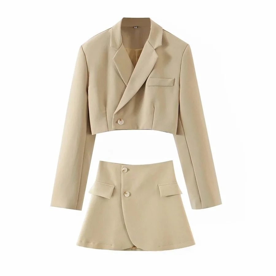 

Dropshipping Matching Set Blazer And Skirts Women England style Navel Exposed Short Empire Blazer Feminino Femme Two Piece Set