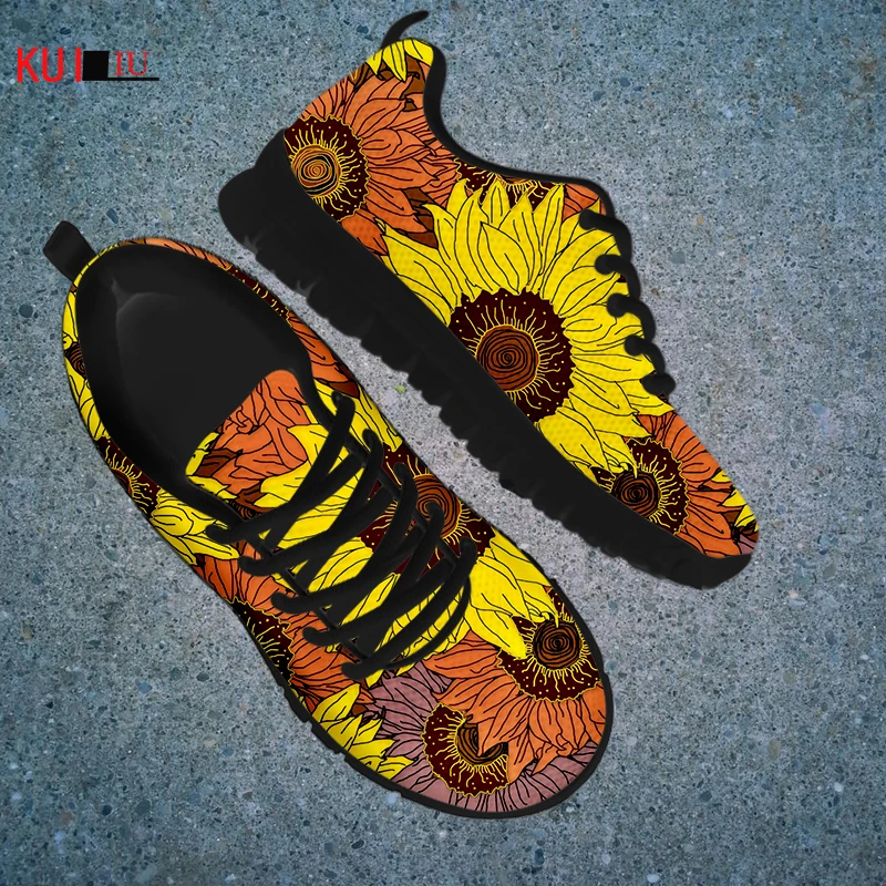 

KUILIU Sunflowers Women Casual Sneaker Shoes Famale Retro Lace Up Flat Shoe Free Shipping Custom Pattern Breath Mesh Sneakers