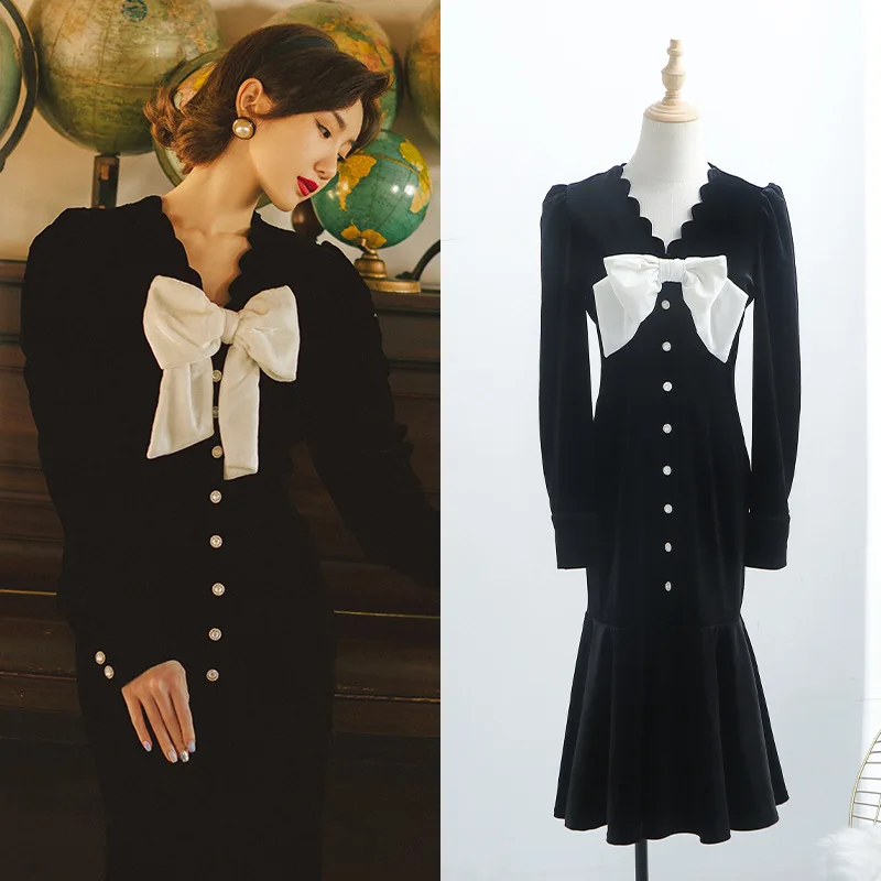 

Retro French Puff Sleeve Bowknot V-neck Velvet Dress Women Fashion Autumn High Waist Long Skirt Black Skirt A-line Skirt Women