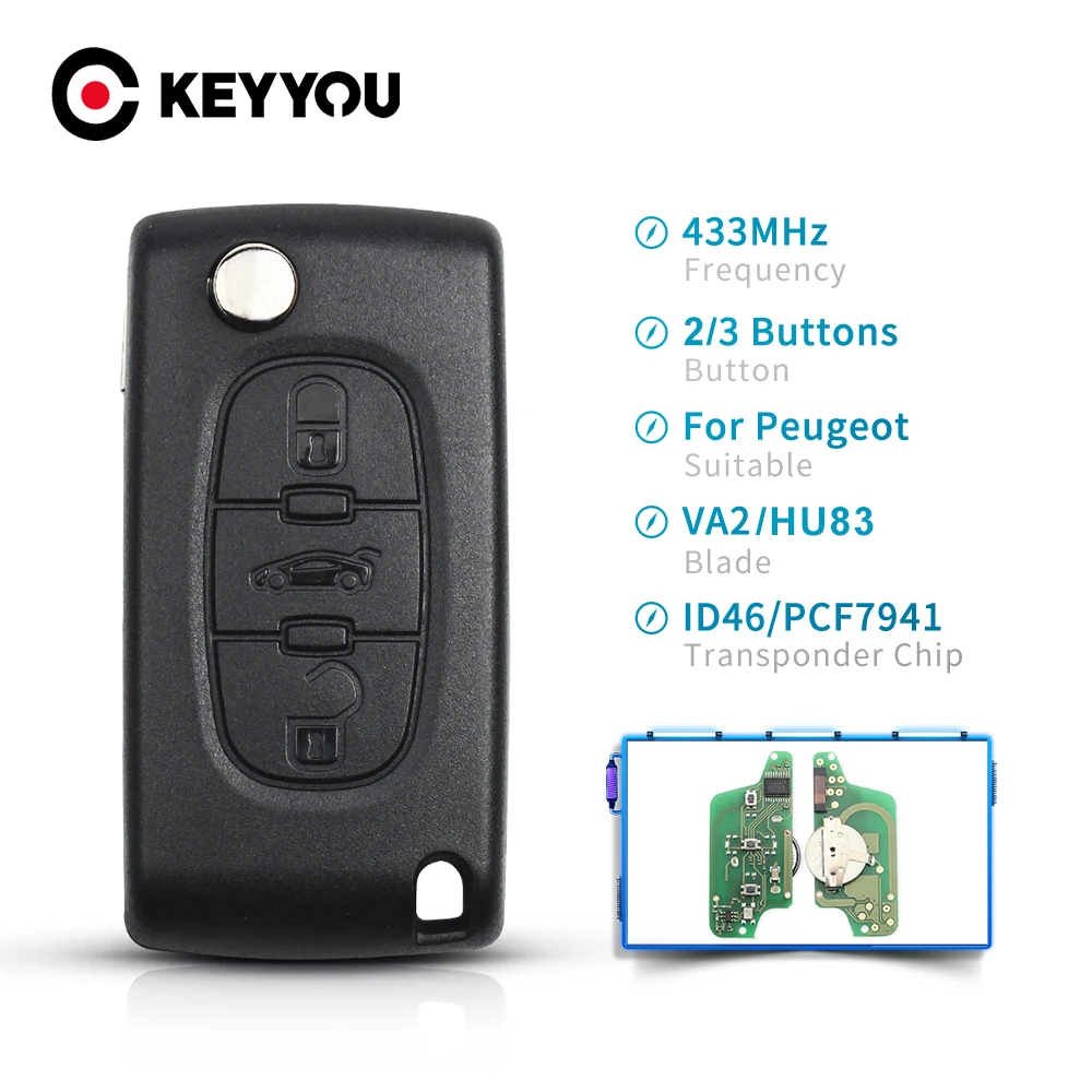KEYYOU 2/3BT CE0536 CE0523 дистанционный брелок 433 МГц для Peugeot 307 3008 308 408 ID46 чип Автомобильный