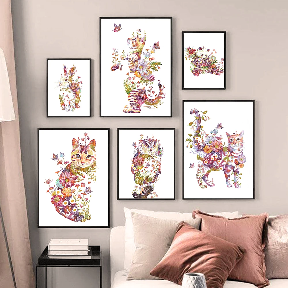 

Colourful Cat Dog Rabbit Tiger Animal Canvas Painting Cartoon Poster Nursery Wall Art Print Pink Flower Pictures Kid Room Decor