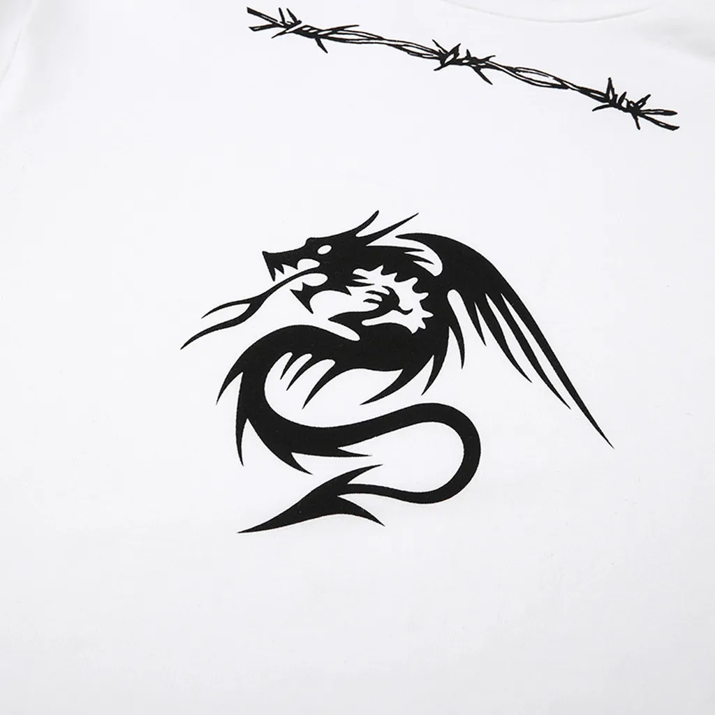 

Turtleneck Blouse Women Causal Gothic Punk Blouse HARAJUKU Dragon Print Full Sleeve Slim Fit Fitness Shirt Blouse Crop Tops