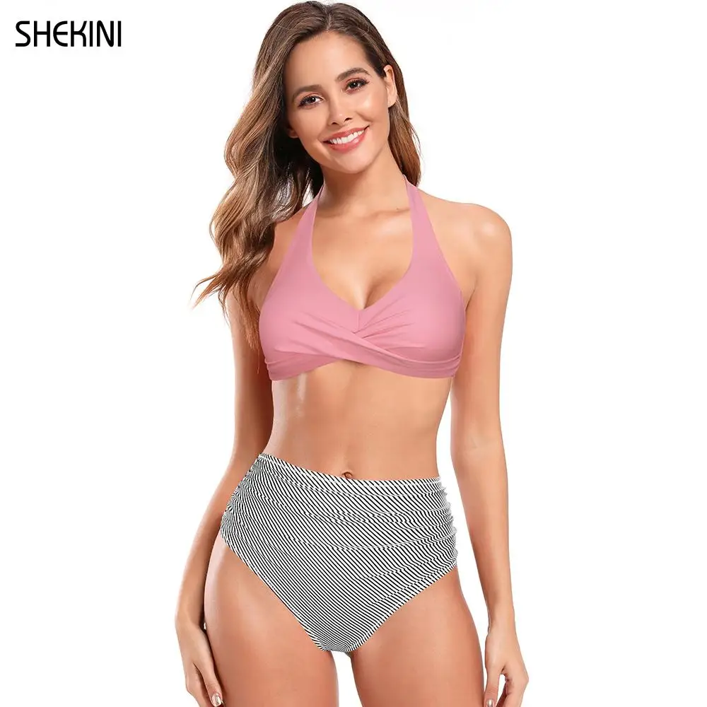 

SHEKINI Women's Halter Ruched Bikini Set High Waisted Bathing Suits Twist Front Two Piece Swimsuits Swimwear
