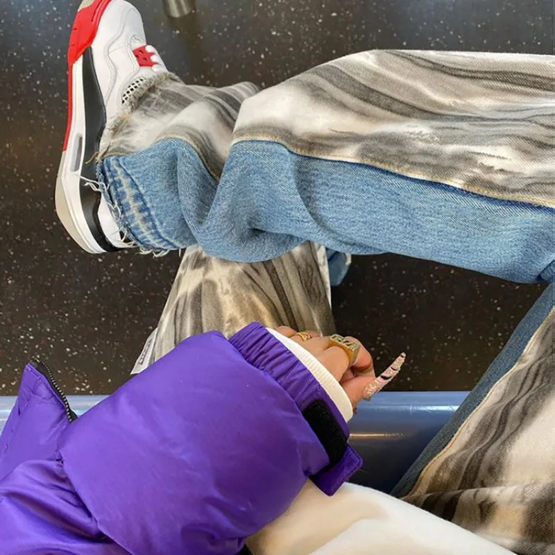 

women's casual Trousers Winter high waist color matching straight tube show thin, street casual jeans street pants