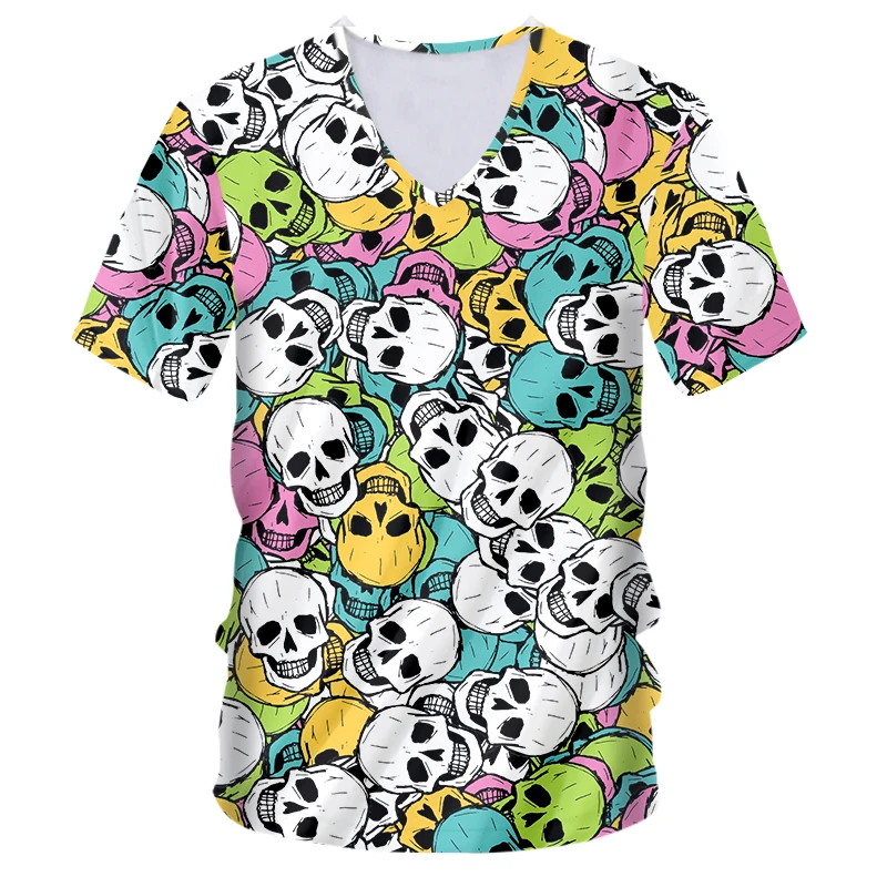 

Футболка Мужская/женская с V-образным вырезом, уличная одежда с красочным 3D-принтом черепа в стиле Харадзюку, модная Повседневная рубашка с ...