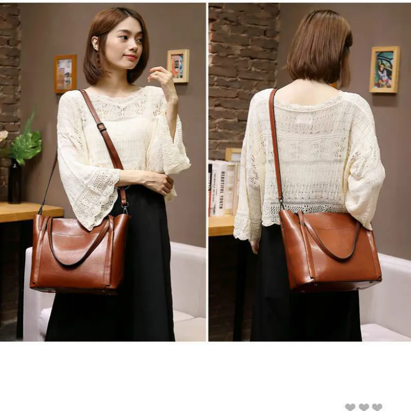 

2021 Autumn and Winter Fashion Women's Big Bag One Shoulder Messenger Simple Oil Wax Leather Portable Lady Tote