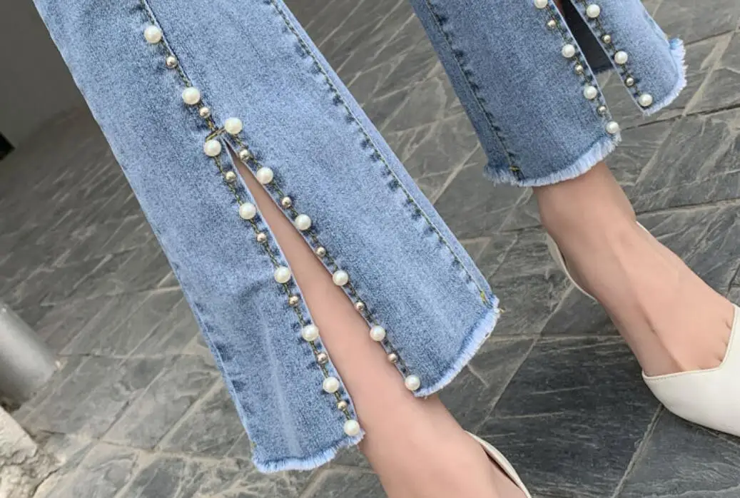 

Spring Autumn Women Split Beaded Jeans Skinny Denim Flared Pants High Waist Femme Bell Bottom Boyfriend Blue Jeans s704