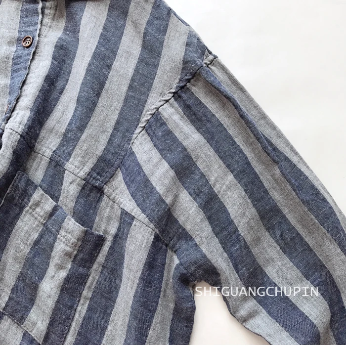 

2020 New autumn Women Blouse Literary Thin Stripe Loose Turndown Collar Long Sleeve Double Cotton yarn Shirt Women