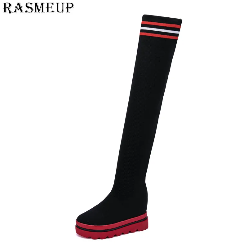 Осенние женские сапоги RASMEUP выше колена на толстой подошве с прострочкой цветные