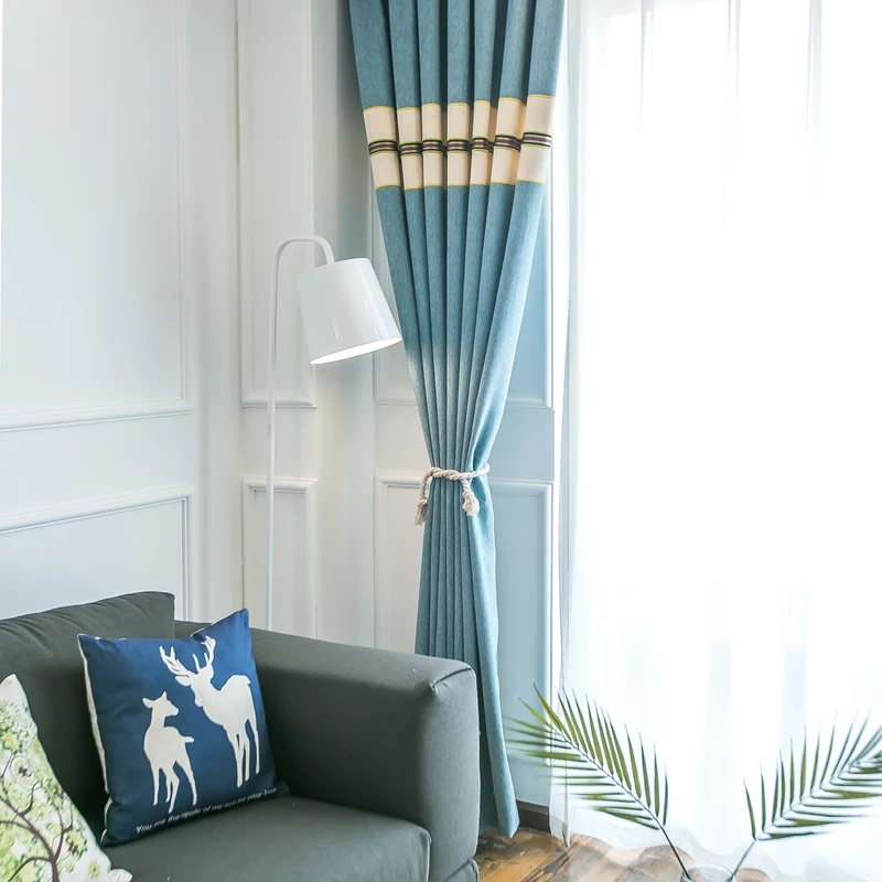 Льняные светонепроницаемые шторы в синюю полоску для гостиной современные