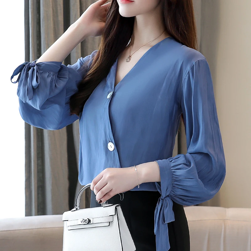 

2019 spring women's long sleeves bow chiffon women shirts Loose womens tops and blouses blue solid women blouse blusas 1985 50
