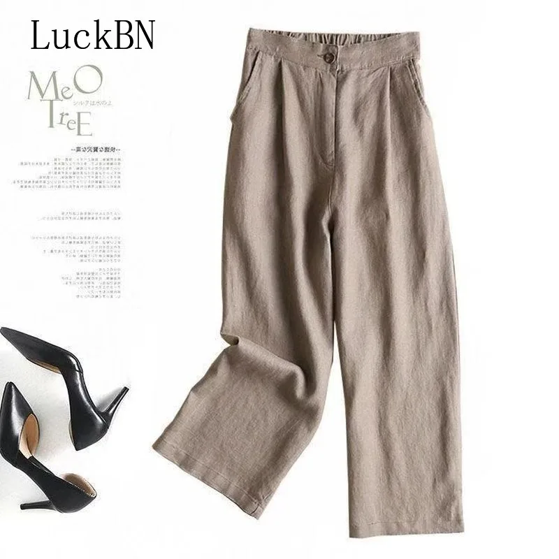 Брюки Женские однотонные из льна офисные широкие штанины с эластичным поясом