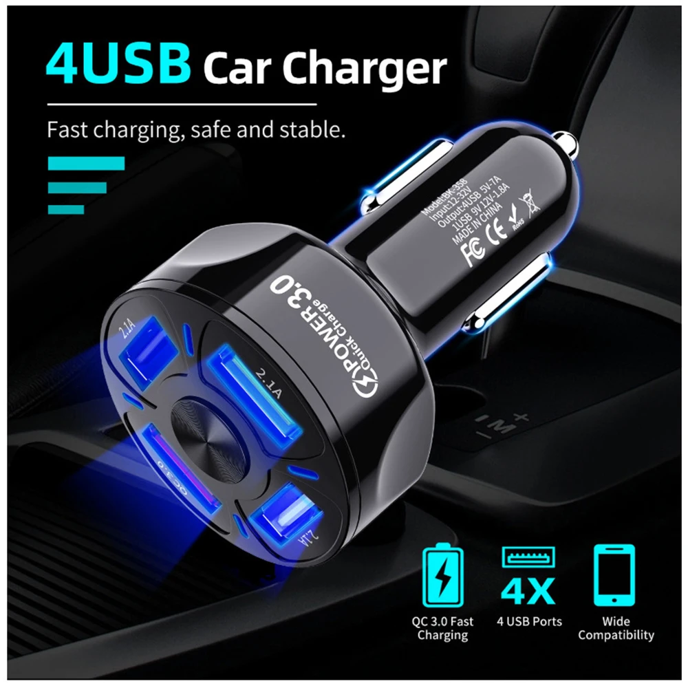 

USB Car Charger 4 Ports 48W Quick 7A Mini Fast Charging For iPhone 11 Xiaomi Huawei Mobile Phone Charger Adapter in Car