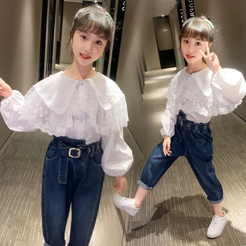 

Girls' Suit Children's Long Sleeve Baby Collar Shirt Set Korean Jeans Two Piece Set Kids Clothes Girls Fashion Clothes
