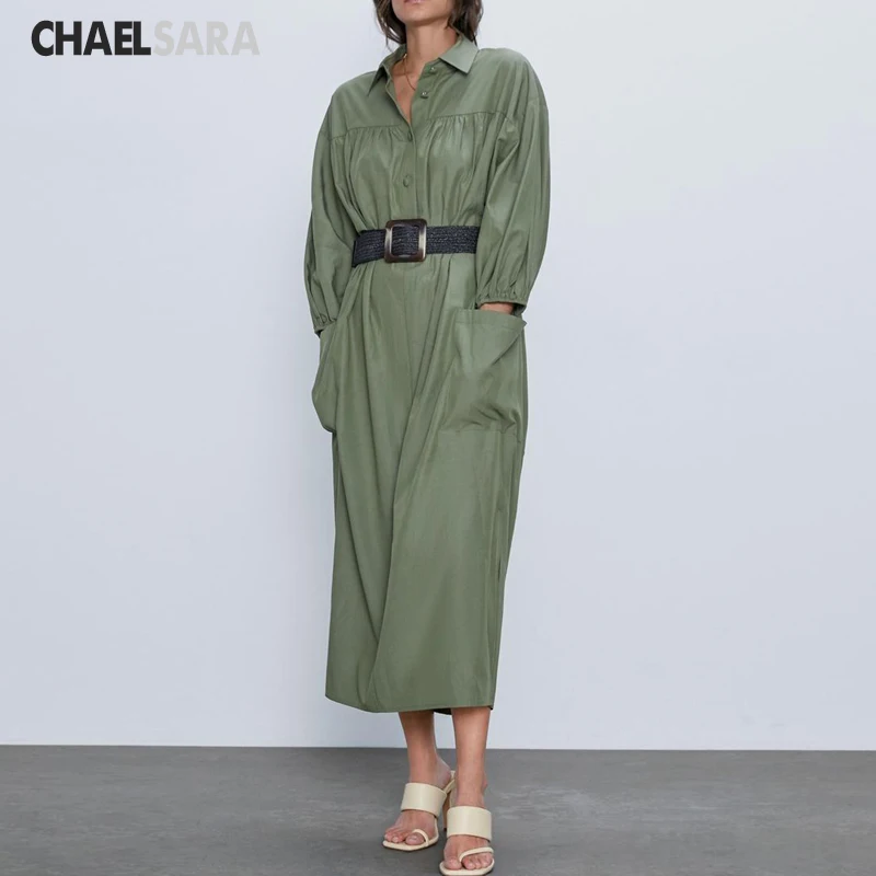 Женское длинное платье рубашка с поясом офисное макси армейского зеленого цвета