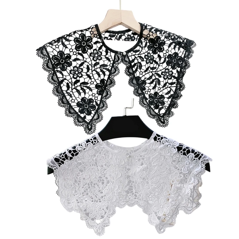 

Floral Lace Fake Collar Shawl Hollow Black White Scarf Pearl Button Mini Cape