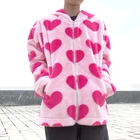 Женская фланелевая куртка с капюшоном, розовая Свободная куртка из овечьей шерсти на молнии, с принтом сердечек, в стиле Харадзюку, верхняя одежда, зима 2021