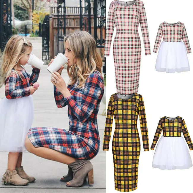 

Mother Daughter Family Matching Dress Autumn Women Girls Long Sleeve Knee Length Plaid Dresses Kids Child Outfits