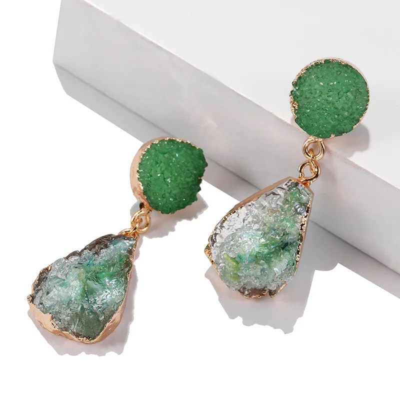 2019 New Bohemian Green Druzy Resin Stone ZA Clip on Earrings No Pierced for Women Jewelry Drusy Ear Clips Eardrop Long Earrings images - 6