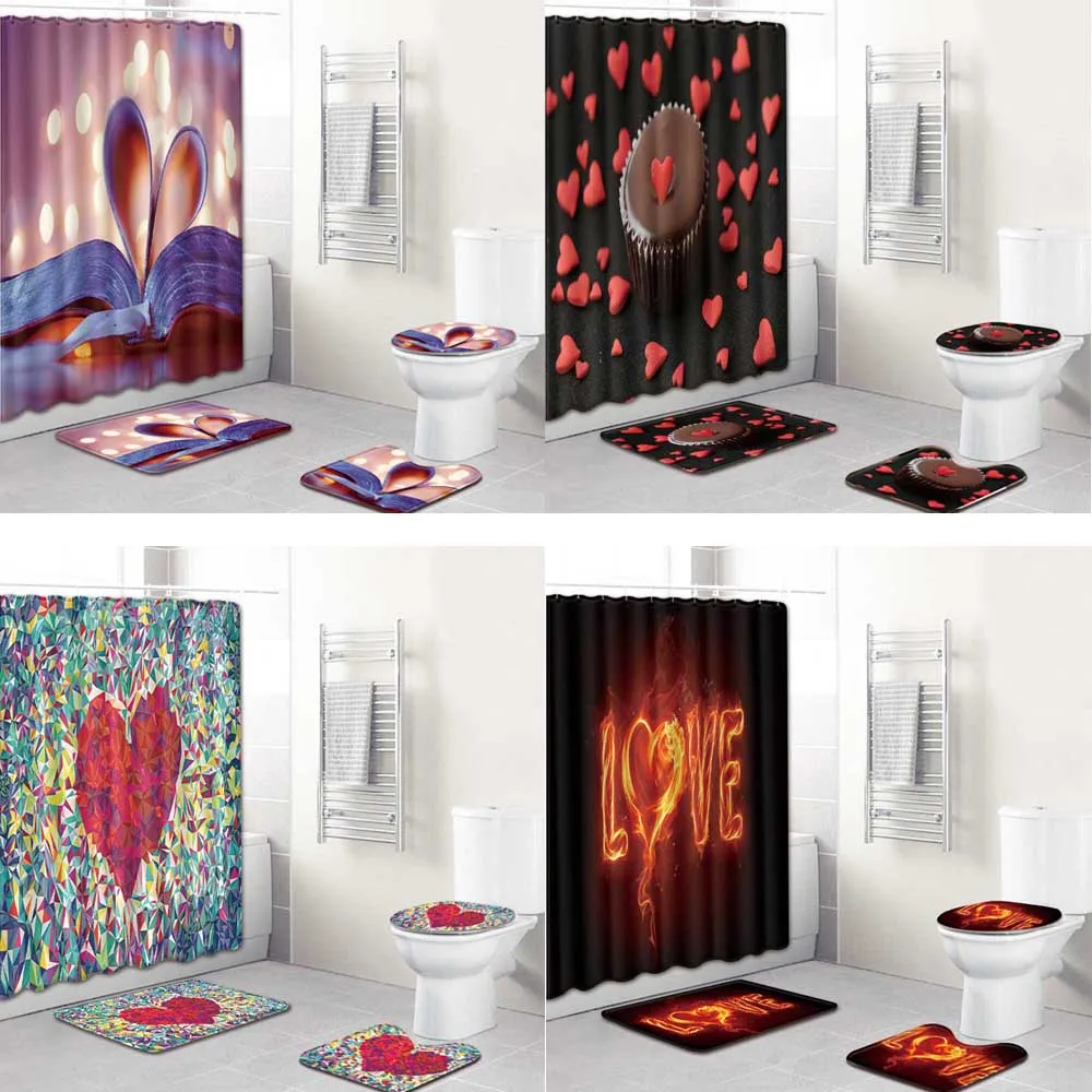 Economici Felice Giorno Di San Valentino Tende Da Doccia Bagno Del Cuore Di AMORE Tenda Della Vasca Da Bagno Set Toilette Toilette Copertura Zerbino Non-Slip Bagno Da Bagno Tappetini Set