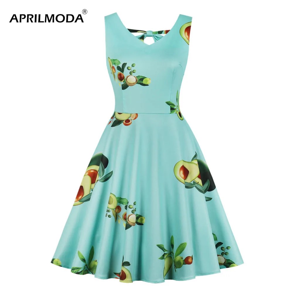 Зеленое винтажное 50s Повседневное платье без рукавов авокадо фруктовые принты