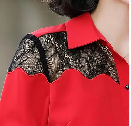 

Fall Spring Office Ladies Women Lace Patchwork Long Sleeve Chiffon Blouse Top Shirt , Autumn Woman Red Black 4xl Blouses Tops