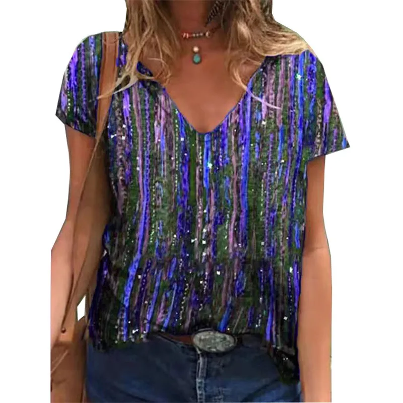 

Fashion Striped Gradient Print Women T shirt Plus Size Short Sleeve Loose Tops Tee Shirts Streetwear Casual Summer V-neck Tshirt