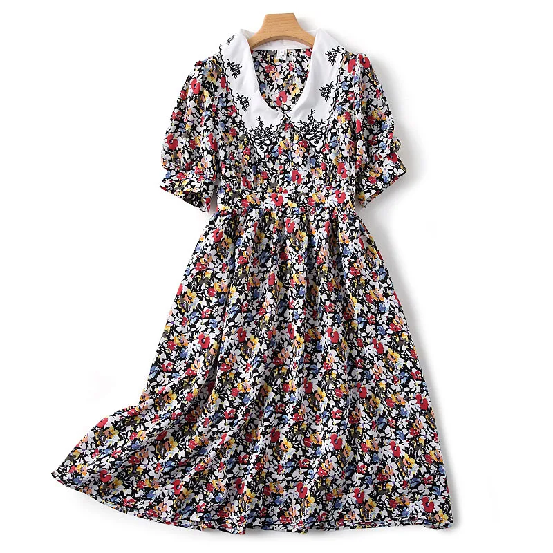 

Vintage 2020 spring summer flowers print patchwork peter pan collar short sleeve puff sleeve princess sweet dress