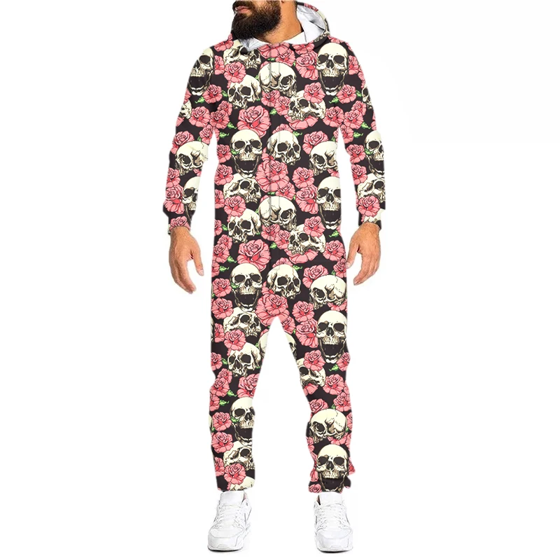 

OGKB 3D Pink Flowers Skull Print Loungewear Pajamas Unisex Loose Hooded Zip Open Sleepwear Onesies For Adult Jumpsuits Wholesale