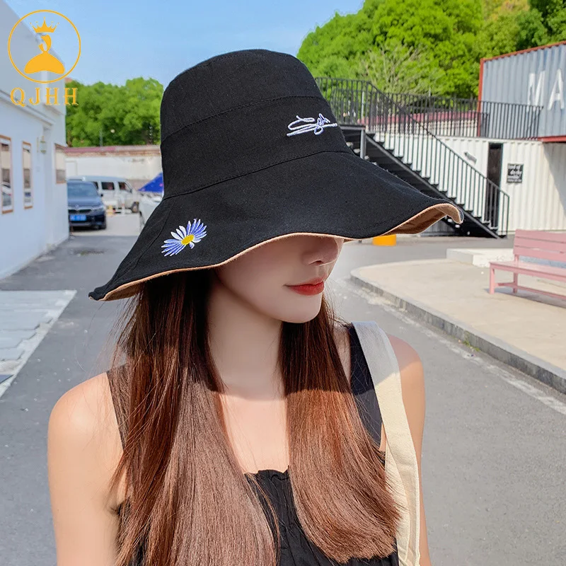 

QJHH 2021 New Fisherman Hat Female Daisy Summer European And American Fashion Wild Double-Sided Sun Protection Sun Hat