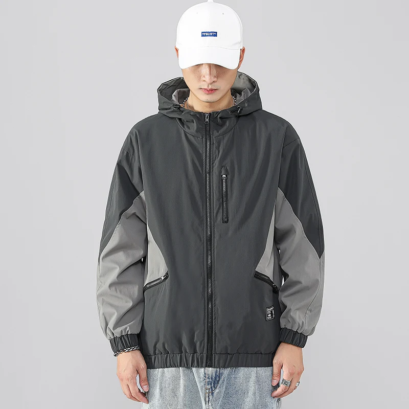 

Man Spring And Autumn New Korean Handsome Hooded Coat Men'S Leisure Youth Student Loose Zipper Open Chest Jacket Splicing Top