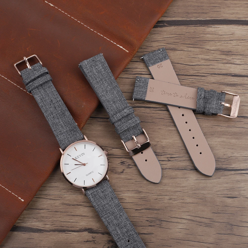 

16mm 20mm Fabric Canvas Watch Band Quick Release Leather Watch Strap Replacement Gray Watchband Stainless Steel Buckle for Women