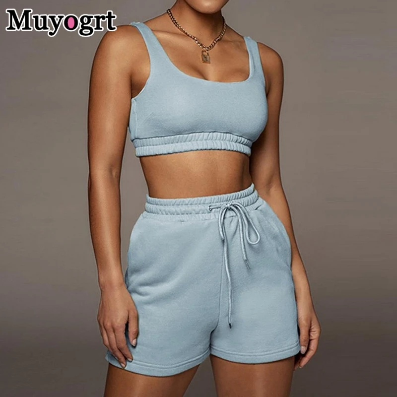 

Muyogrt Casual Solid Sportswear Two Piece Sets Women 2021 Crop Top And Drawstring Shorts Matching Sets Summer Athleisure Outfits