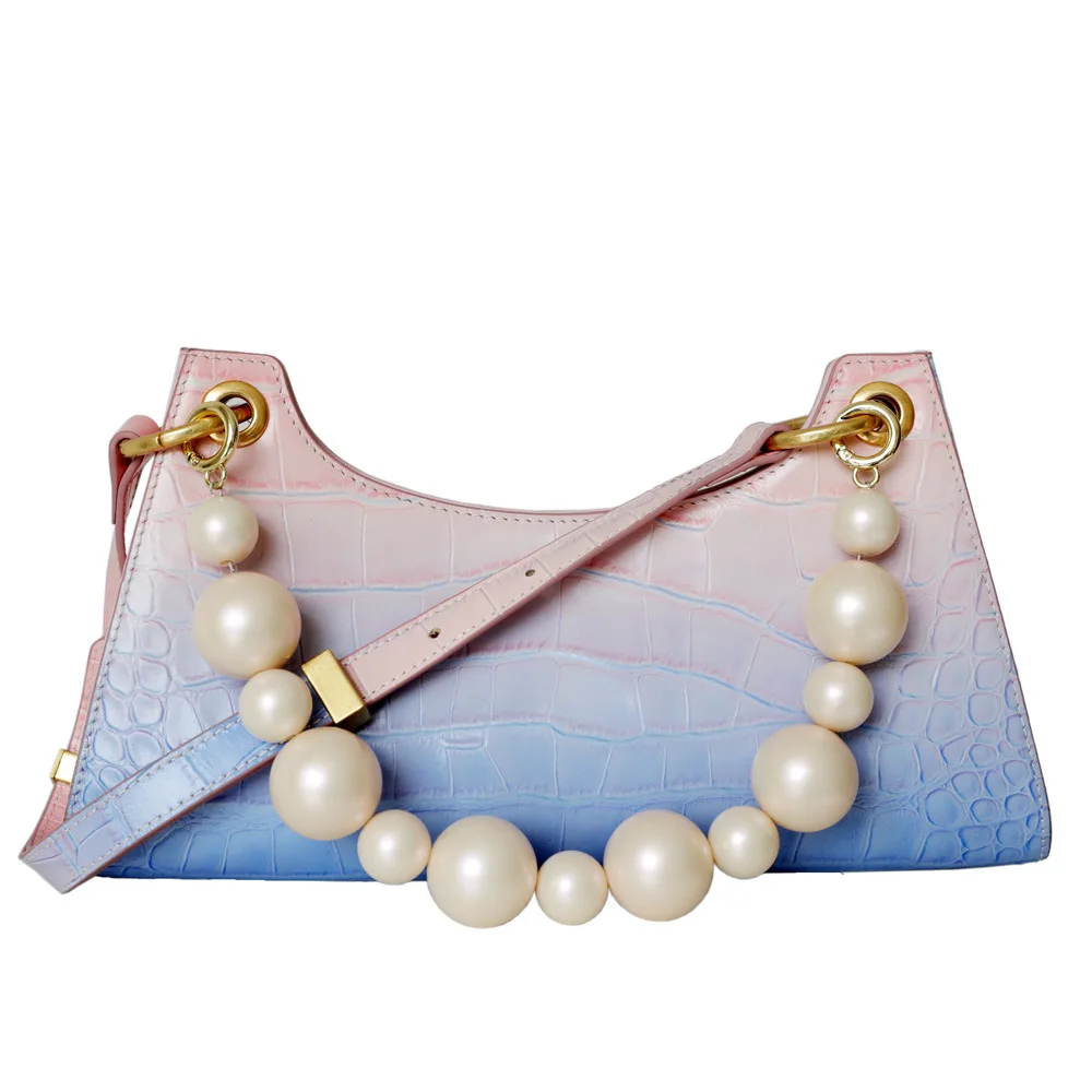 

Crocodile cow leather underarm bag gradual color genuine leather women shoulder bag fashion chain pearl pendant lady hand bag