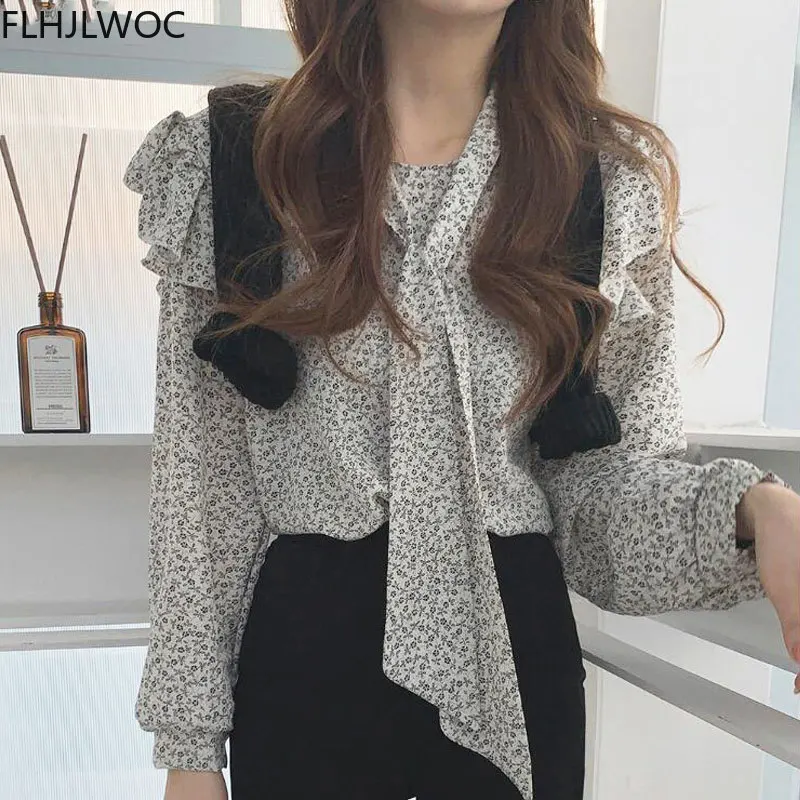 

Шикарные корейские Топы Blusas женские модные Flhjlwoc с цветочным принтом винтажные Ретро Блузки с галстуком-бабочкой
