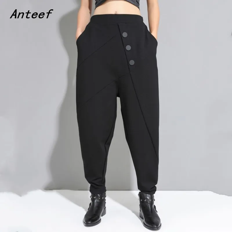 Черные повседневные свободные брюки с высокой талией на осень и зиму дамские