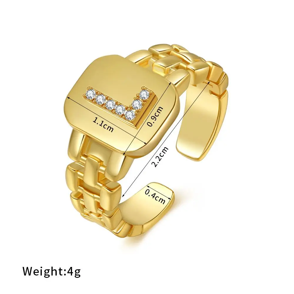 

2021New Hip Hop Opening Adjustable 18k Gold Plating AAA Zircon A-Z Letter Ring Strap Square Statement Ladies Golden Initial Ring