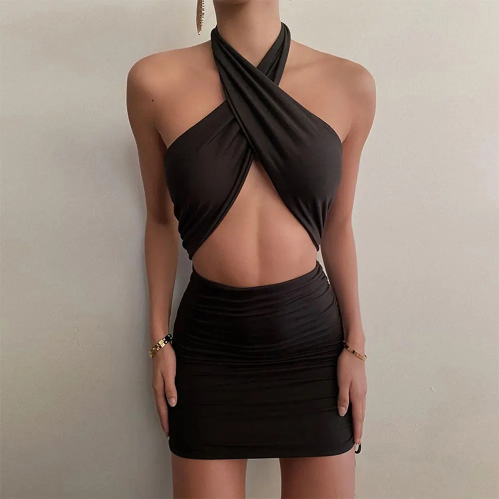 

Women Sexy Cross Halter Dress Summer Hollow Out Bandage Backless Solid Pleated Skinny Slim Sleeveless Mini Dress Female Clubwear