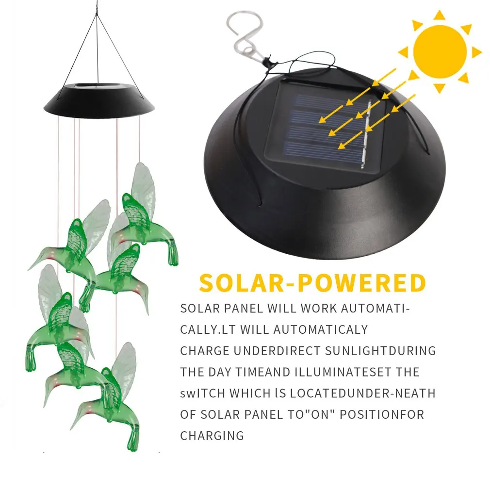 

Color Changing Solar Power Wind Chime Crystal Ball Hummingbird Butterfly Waterproof Outdoor Windchime Light for Patio Yard Garde