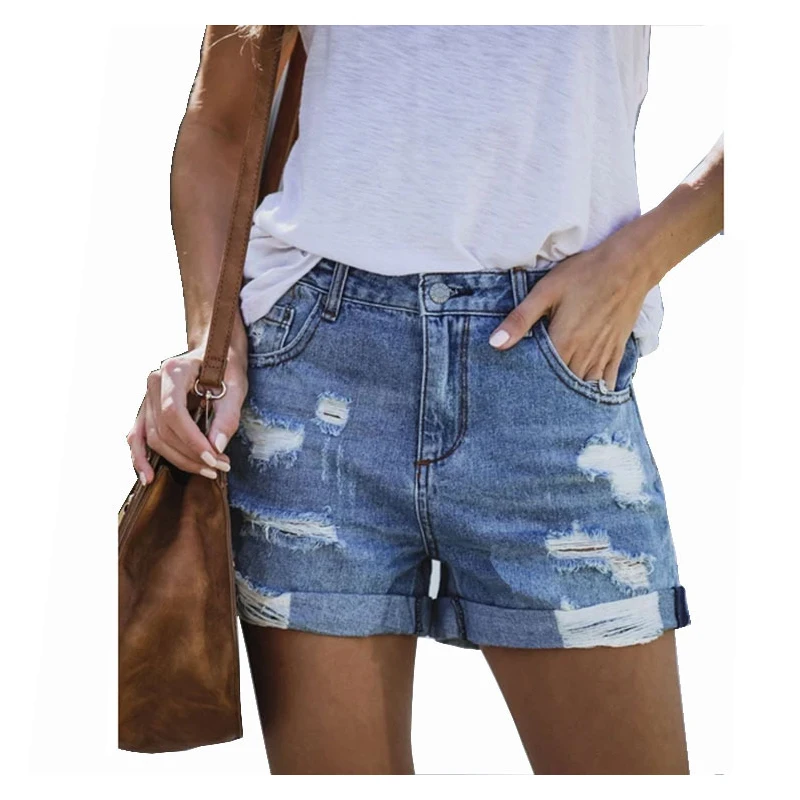 

Hole Slimming High Waist Sexy Jeans Shorts Women's Pants Ripped Light Blue Summer Fashion Casual Hot Women's Denim Slim Shorts